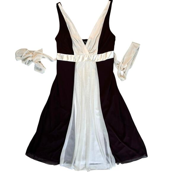 Y2K Flowy Dress Women's Medium Brown Cream Chiffon Satin Ribbon Wedding Guest - Picture 1 of 11